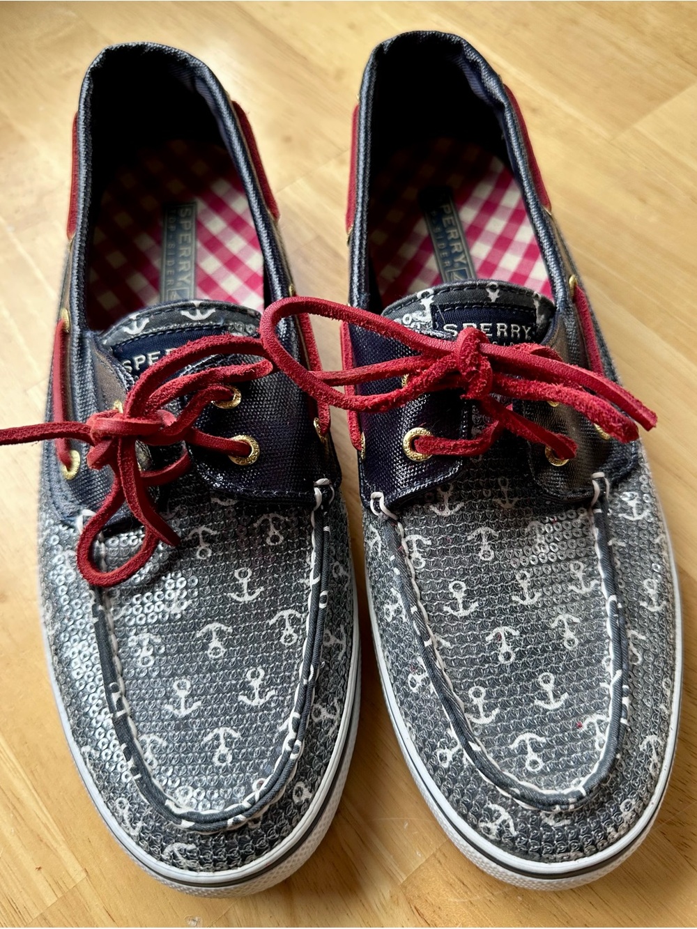 Sperry Navy Anchor Print Boat Shoes with Red Laces